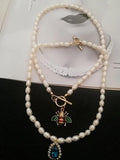 Vintage Pearl Choker Bees Necklace Crystal Pendant Party Jewelry
