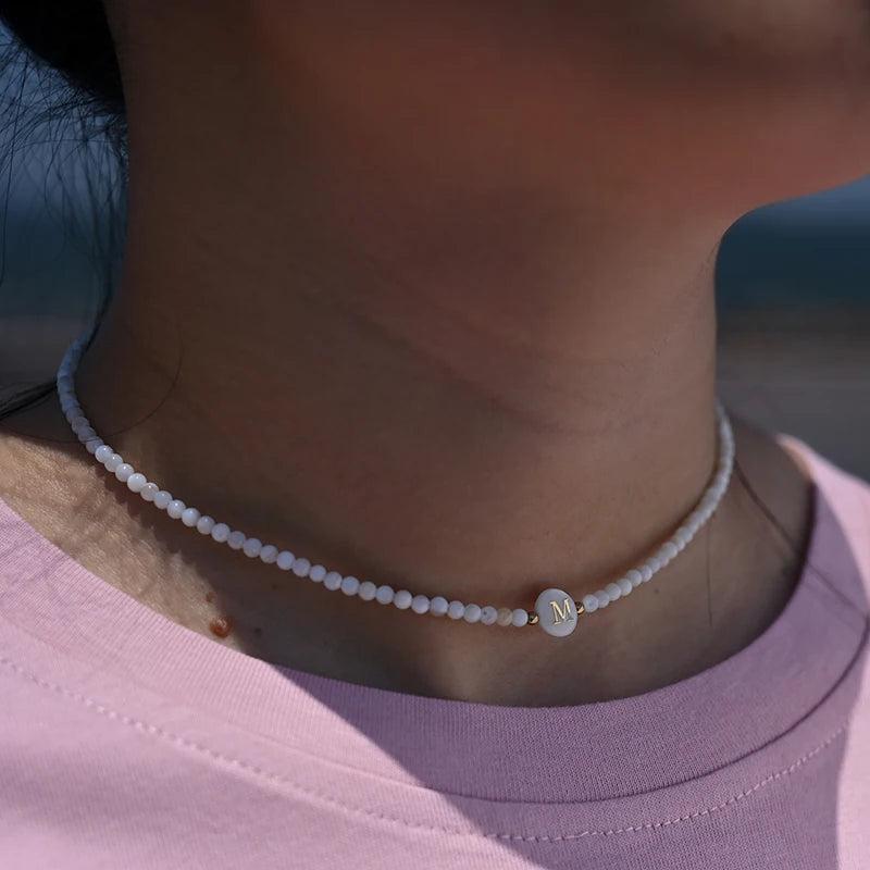 Mother of Pearl Initial Choker Natural Shell Beads Necklace for Women