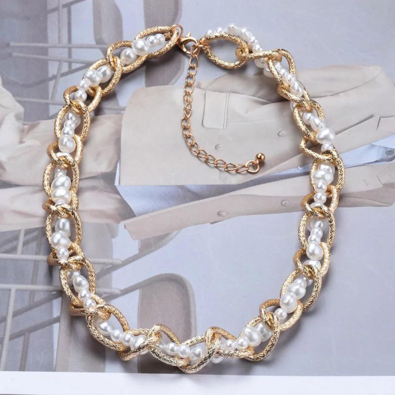 Golden Metal Chains Choker Necklace with Faux Pearl Beads