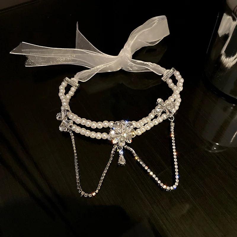 Crystal Flower Choker Necklace with Tassel Pendant