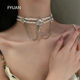Crystal Flower Choker Necklace with Tassel Pendant