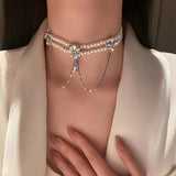 Crystal Flower Choker Necklace with Tassel Pendant