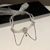 Crystal Flower Choker Necklace with Tassel Pendant