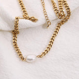 18K Plated Steel Miami Cuban Chain Pearl Charm Necklace for Women