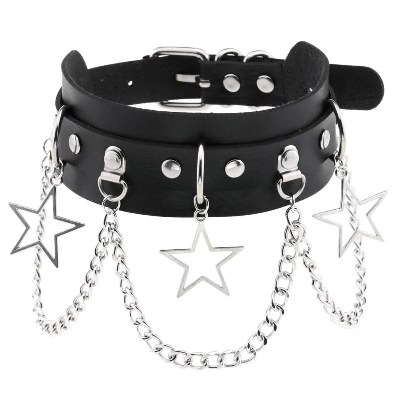Punk Goth Heart Star Pendant Necklace with Tassel Chain