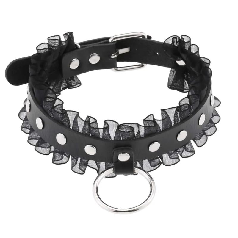 Leather Choker Necklace Goth Lace Collar
