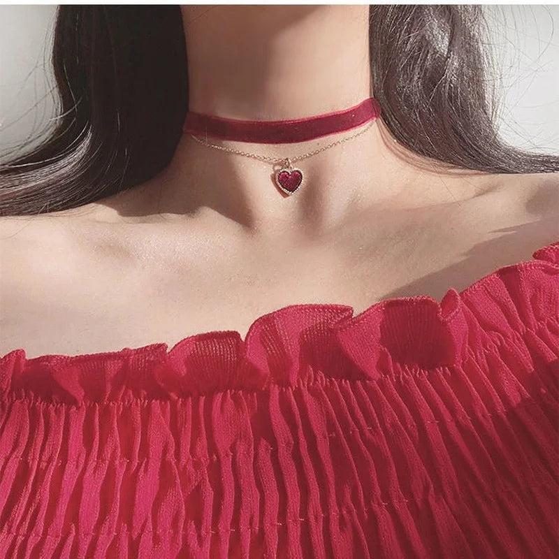 Burgundy Heart Choker Double Chain Love Necklace