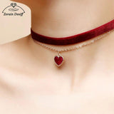 Burgundy Heart Choker Double Chain Love Necklace