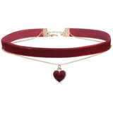 Burgundy Heart Choker Double Chain Love Necklace