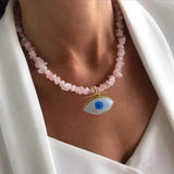 Boho Amazonite Labradorite Quartz Crystal Evil Eye Pendant Geometric Necklace