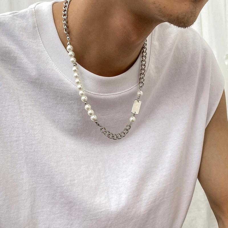 Men's Pearl Beads Short Choker Necklace Asymmetrical Thick Chain