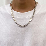 Men's Pearl Beads Short Choker Necklace Asymmetrical Thick Chain