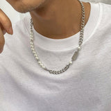 Men's Pearl Beads Short Choker Necklace Asymmetrical Thick Chain