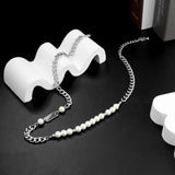 Men's Pearl Beads Short Choker Necklace Asymmetrical Thick Chain