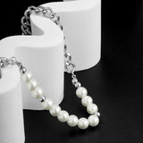 Men's Pearl Beads Short Choker Necklace Asymmetrical Thick Chain