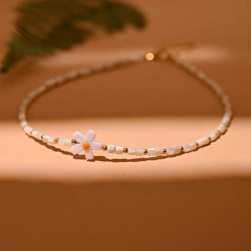 Shell Flower Choker Necklace Mother of Pearl Beads Tarnish Jewelry for Women