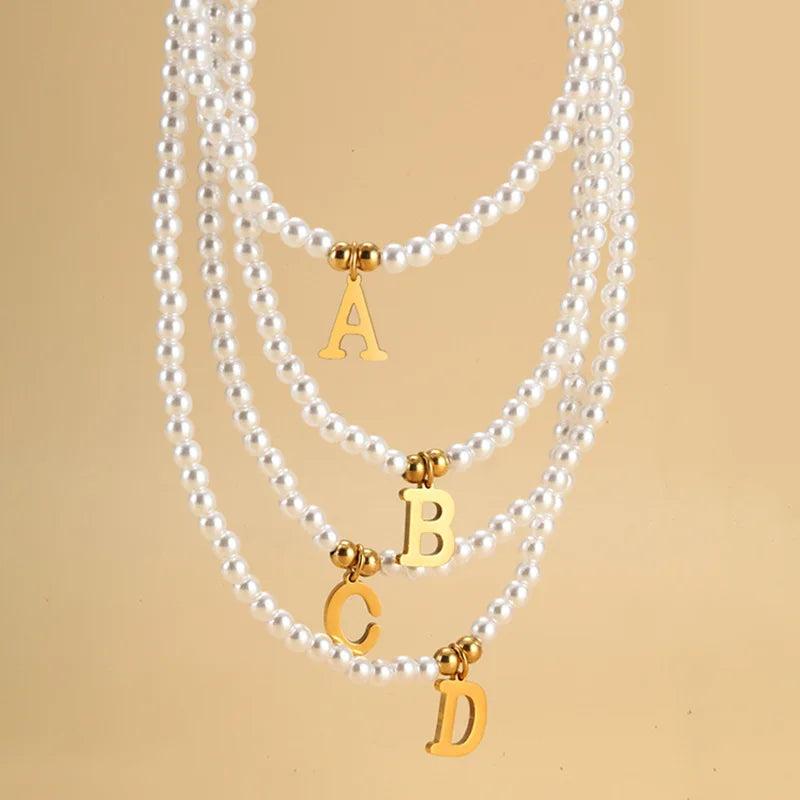 Stainless Steel Initial Pendant Necklace Pearls Bead Choker