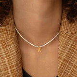 Stainless Steel Initial Pendant Necklace Pearls Bead Choker