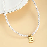 Stainless Steel Initial Pendant Necklace Pearls Bead Choker