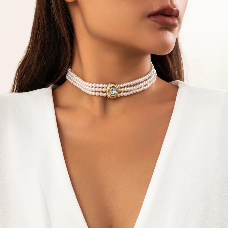 Layered Pearl Beads Short Choker Necklace Women Ladies Collar Jewelry