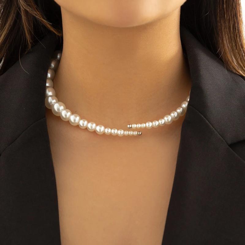 Pearl Beaded Collar Necklace Punk Silver CCB Bead Chain