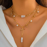 Kpop Pearl Metal Chain Necklace Zircon Charm Choker Jewelry