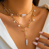 Kpop Pearl Metal Chain Necklace Zircon Charm Choker Jewelry