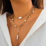 Kpop Pearl Metal Chain Necklace Zircon Charm Choker Jewelry