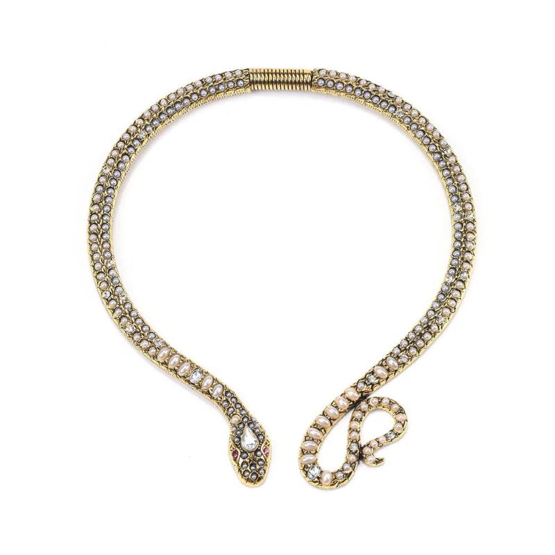 Boho Ethnic Snake Shape Choker Necklace with Inlay Stone Pearls