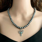 Turquoise Stone Cross Cactus Totem Pendant Necklace for Women