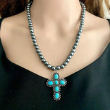 Turquoise Stone Cross Cactus Totem Pendant Necklace for Women