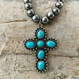 Turquoise Stone Cross Cactus Totem Pendant Necklace for Women