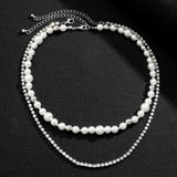 Layered Pearl/Rhinestone Chain Short Choker Necklace Men Beads and Tennis Chain