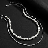 Layered Pearl/Rhinestone Chain Short Choker Necklace Men Beads and Tennis Chain