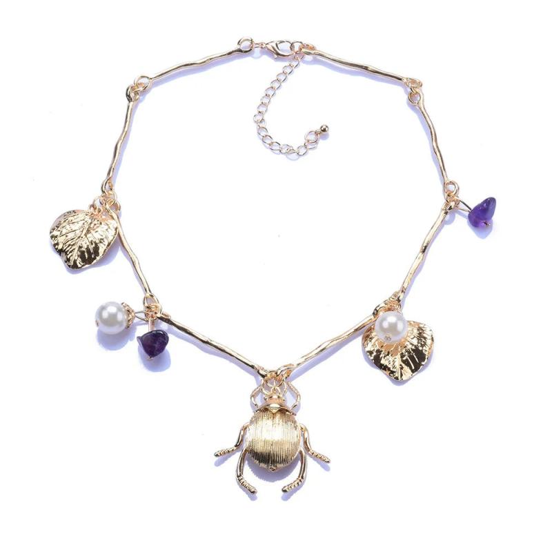 Baroque Statement Metal Choker Necklace With Insect Leaf Stone Pearls