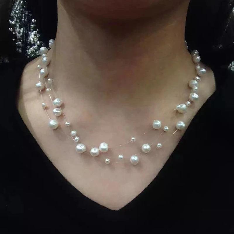3-Layer Natural Freshwater Pearl Necklace for Women - Different Colors