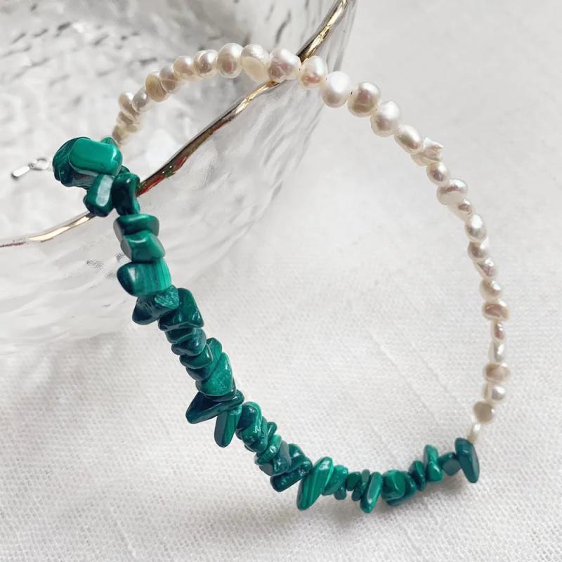 Pearl Choker Necklace with Malachite Stone Wedding Jewelry
