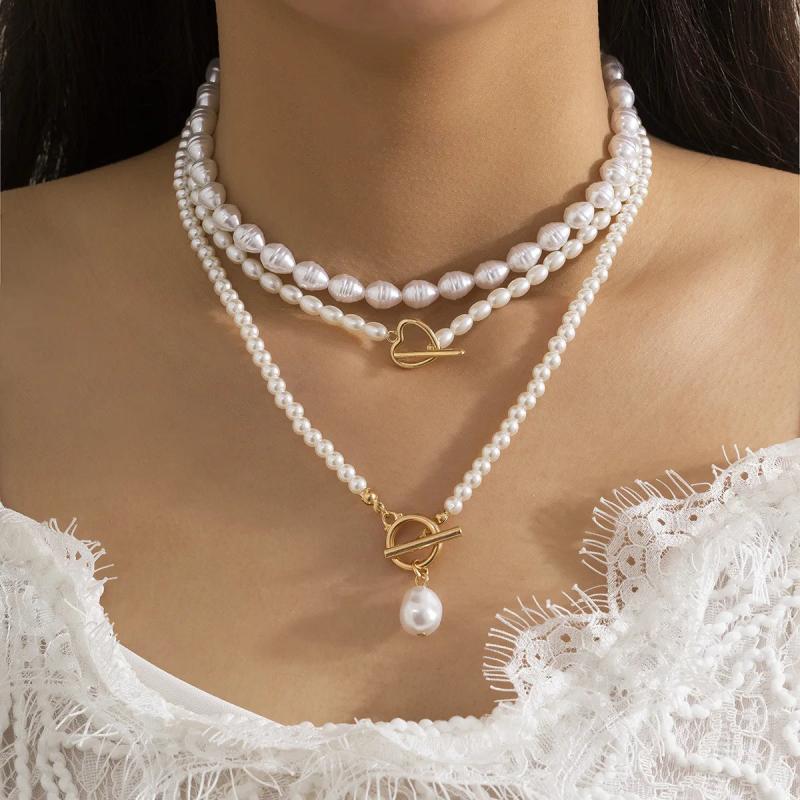 Vintage Pearl Heart OT Buckle Pendant Necklace for Women