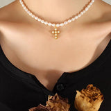 Freshwater Pearl Cross Pendant Necklace 18K Plated Titanium Steel