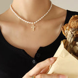 Freshwater Pearl Cross Pendant Necklace 18K Plated Titanium Steel