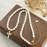 Freshwater Pearl Cross Pendant Necklace 18K Plated Titanium Steel