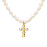 Freshwater Pearl Cross Pendant Necklace 18K Plated Titanium Steel