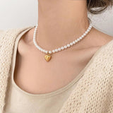 Vintage Pearl Necklace Heart Pendant Metal Collar