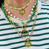 Freshwater Pearl Pendant Necklace Cuban Link Chain Evil Eye Charm Jewelry