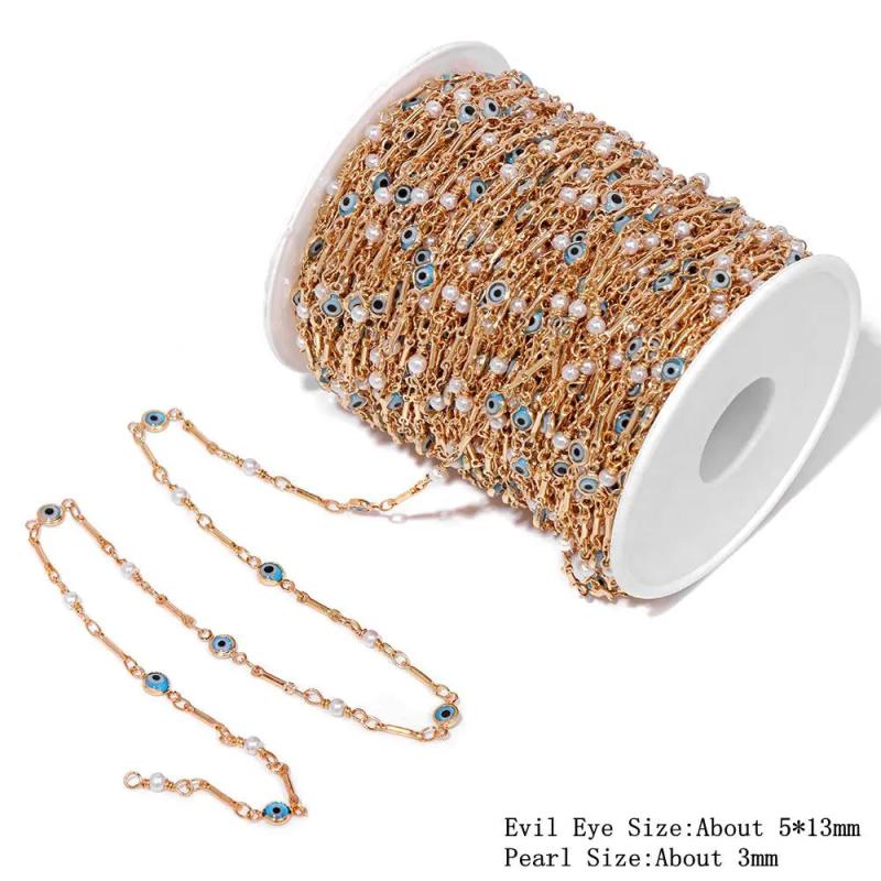 Colorful Evil Eye Beads Chains Stainless Steel Link Pearl Beaded Chains