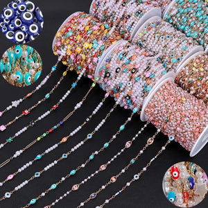 Colorful Evil Eye Beads Chains Stainless Steel Link Pearl Beaded Chains
