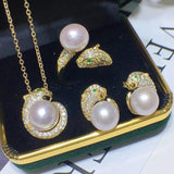 Freshwater Pearl 925 Silver Jewelry Sets Leopard Ring Earring Necklace