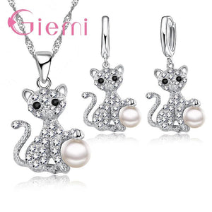 Cat Pearl Jewelry Set 925 Sterling Silver Pendant Necklace Earrings