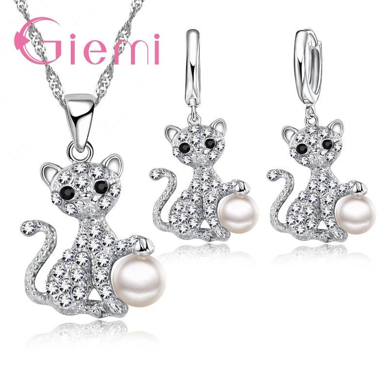 Cat Pearl Jewelry Set 925 Sterling Silver Pendant Necklace Earrings