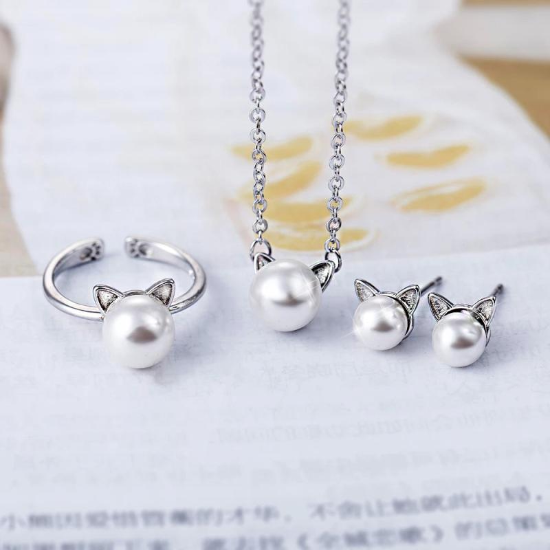 Cat Shape Party Jewelry Set 925 Silver Necklace Stud Earrings Ring